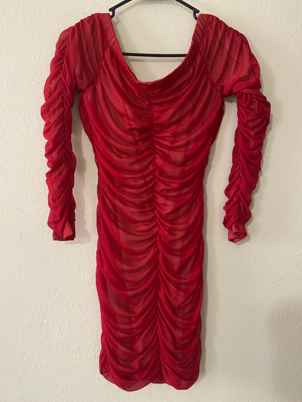 Va Va Voom Red Ruched Mesh Midi Dress - Picture 9 of 13